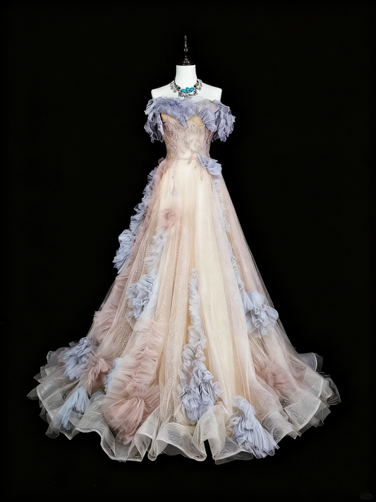 Elegant Prom Dress A Line Off Shoulder Pleated Tulle Evening Dress Gala Dress   D3871