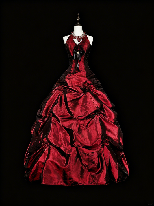 Stunning Prom Dress Wine Red Halter Pleated Ball Gown Evening Dress Quinceanera Outfits   D3875