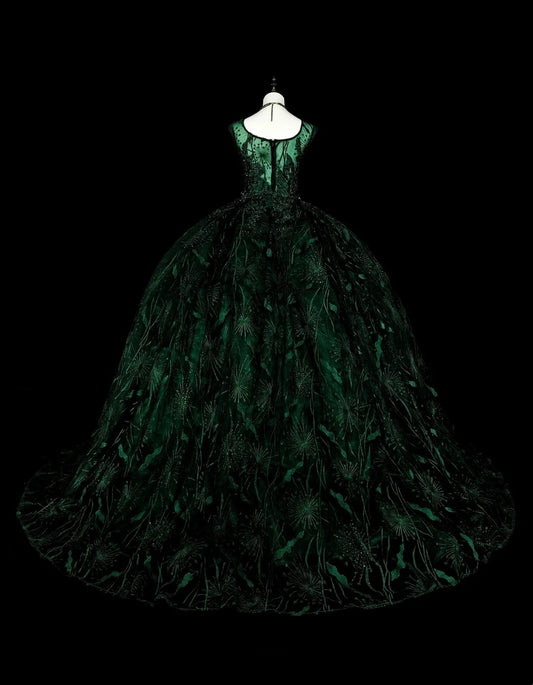 Gorgeous Prom Dress Dark Green Square Neck Pleated Tulle Ball Gown Evening Dress Quinceanera Outfits   D3877