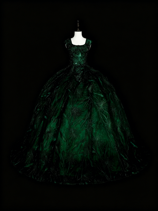 Gorgeous Prom Dress Dark Green Square Neck Pleated Tulle Ball Gown Evening Dress Quinceanera Outfits   D3877