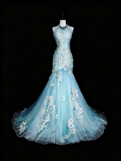 Beauty Prom Dress Light Blue Pleated Tulle Mermaid Evening Dress Birthday Party Outfits    D3878