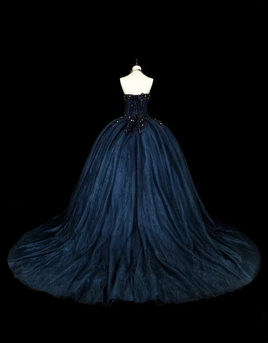 Charming Prom Dress Dark Blue Sweetheart Pleated Ball Gown Evening Dress Sweet 16 Outfits    D3879