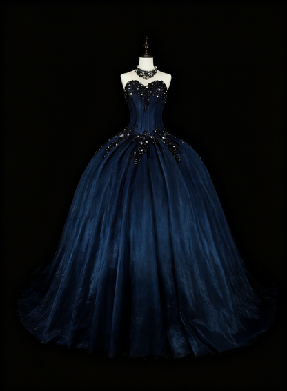 Charming Prom Dress Dark Blue Sweetheart Pleated Ball Gown Evening Dress Sweet 16 Outfits    D3879