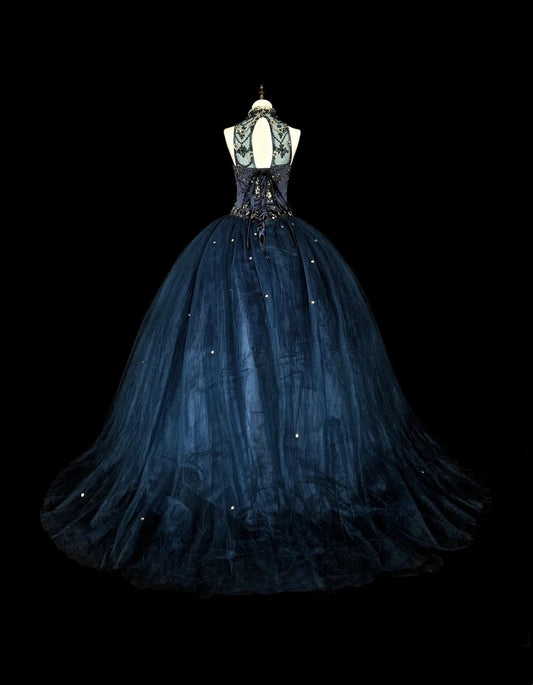 Gorgeous Prom Dress Dark Blue Backless Tulle Ball Gown Evening Dress Birthday Dress    D3882