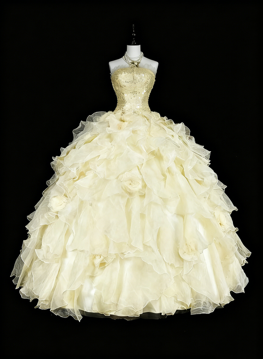 Shiny Prom Dress Strapless Tulle Tiered Ball Gown Quinceanera Dress Evening Dress   D3885