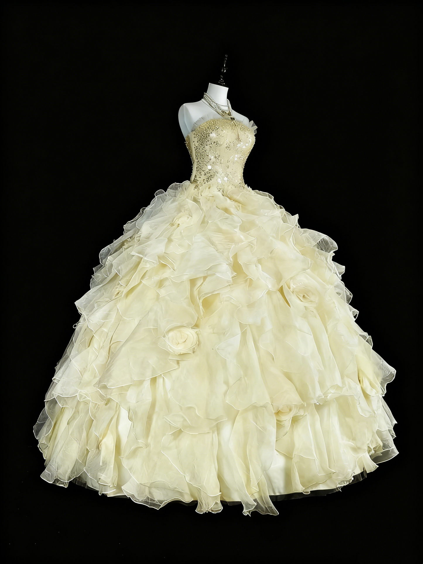 Shiny Prom Dress Strapless Tulle Tiered Ball Gown Quinceanera Dress Evening Dress   D3885