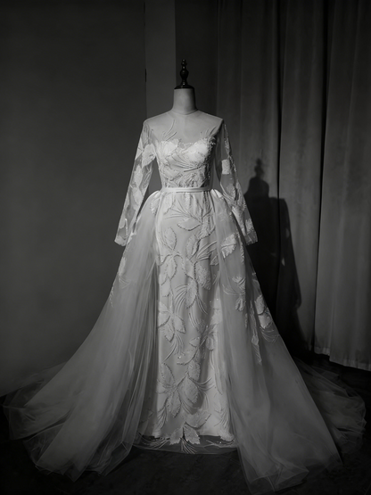 New Arrival Wedding Dress Long Sleeve Backless Tulle Pleated Wedding Dress  D3894