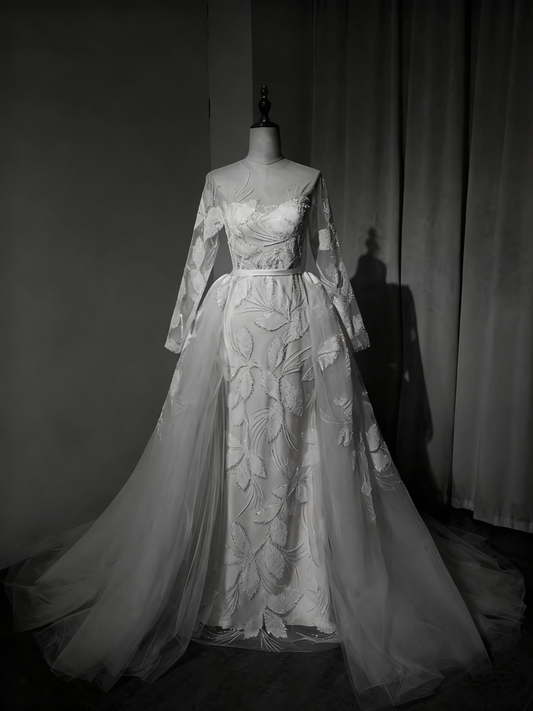 New Arrival Wedding Dress Long Sleeve Backless Tulle Pleated Wedding Dress  D3894