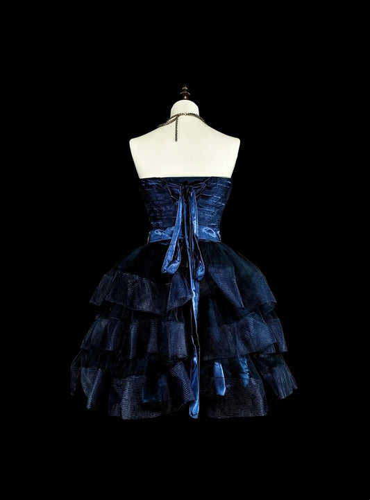 Newest Homecoming Dress Dark Blue Sweetheart Pleated Tiered Short Prom Dress Evening Dress Birthday Party Outfits      D3895