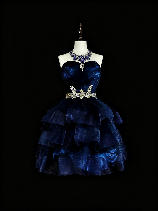 Newest Homecoming Dress Dark Blue Sweetheart Pleated Tiered Short Prom Dress Evening Dress Birthday Party Outfits      D3895