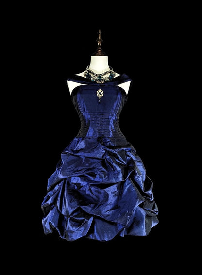 New Arrival Homecoming Dress Dark Blue Crew Neck Pleated Short Prom Dress Back to School Outfits Cocktail Dress   D3896