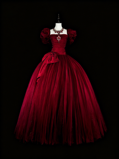 Elegant Prom Dress Wine Red Square Neck Pleated Tulle Ball Gown Evening Dress Birthday Dress  D3901