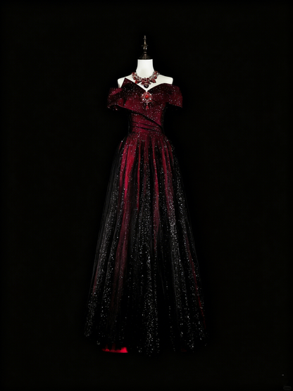 Shiny Prom Dress A Line Off Shoulder Pleated Tulle Evening Dress Gala Dress        D3902