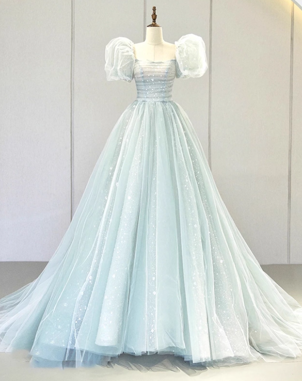 Newest Prom Dress Square Neck Tulle Pleated Ball Gown Evening Dress Birthday Outfits D3919