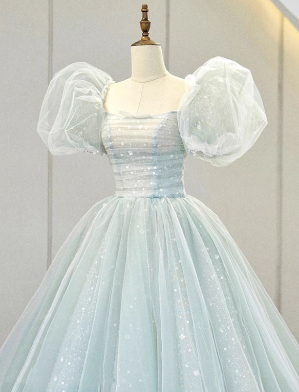 Newest Prom Dress Square Neck Tulle Pleated Ball Gown Evening Dress Birthday Outfits D3919