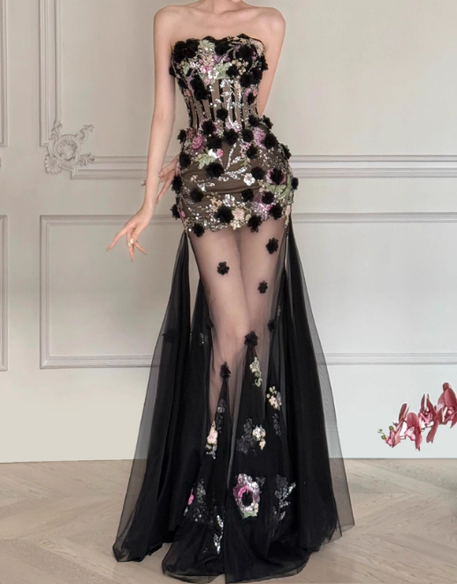 Stunning Prom Dress Strapless Floral Tulle Evening Dress Birthday Party Outfits    D3922