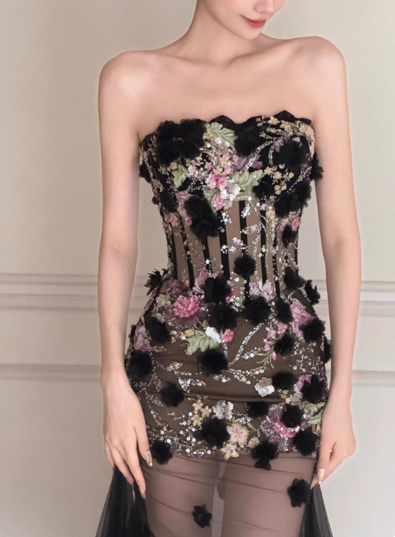 Stunning Prom Dress Strapless Floral Tulle Evening Dress Birthday Party Outfits    D3922