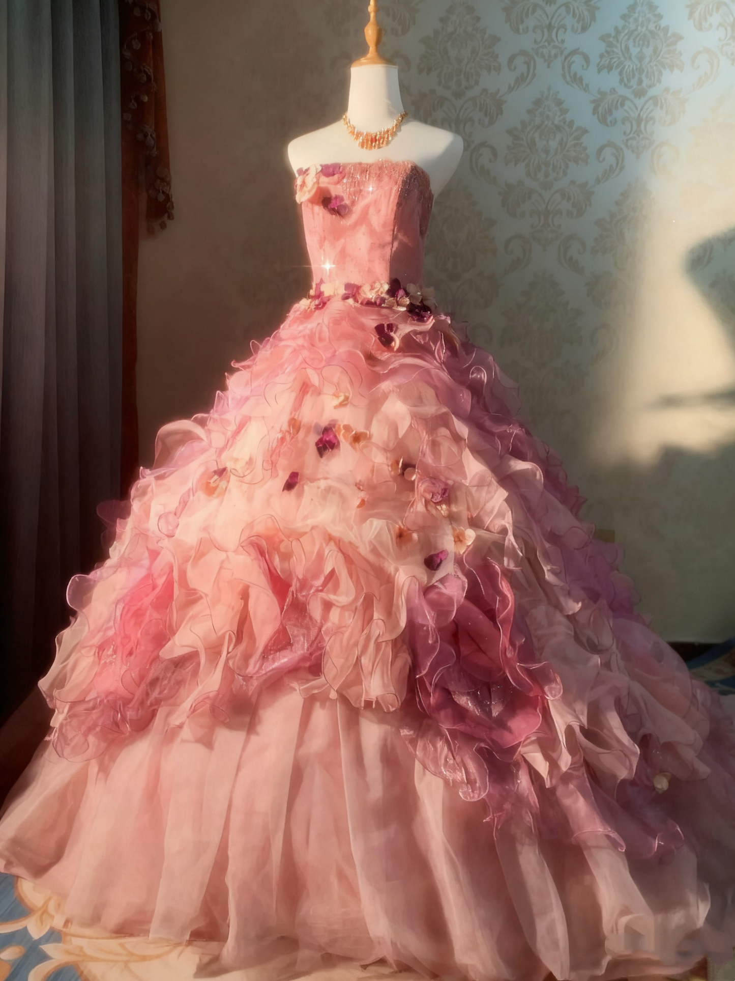 Beauty Prom Dress Strapless Ruffle Pleated Ball Gown Evening Dress Quinceanera Dress  D3924