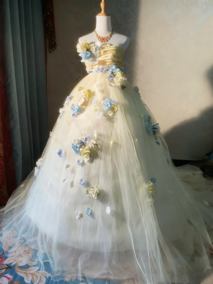 Charming Prom Dress Strapless Floral Tulle Pleated Ball Gown Evening Dress Sweet 16 Dress  D3926