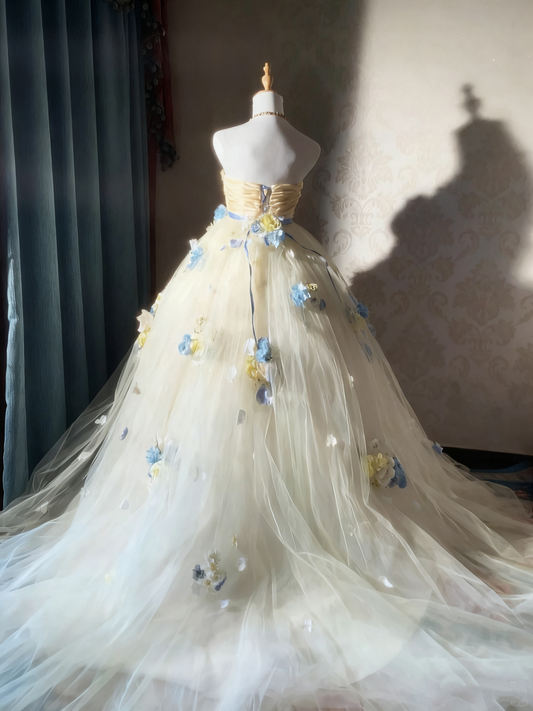 Charming Prom Dress Strapless Floral Tulle Pleated Ball Gown Evening Dress Sweet 16 Dress  D3926