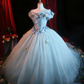 Newest Prom Dress Off Shoulder Pleated Tulle Flower Ball Gown Evening Dress Quinceanera Dress    D3939