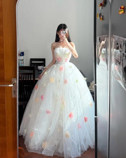 Sweet Prom Dress Strapless Flower Tulle Ball Gown Evening Dress Birthday Party Dress    D3942