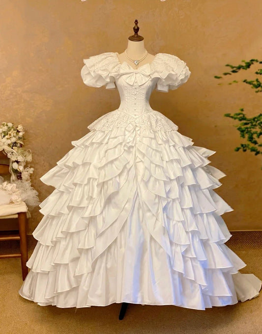 Vintage Wedding Dress Square Neck Pleated Tiered Wedding Dress  D3966