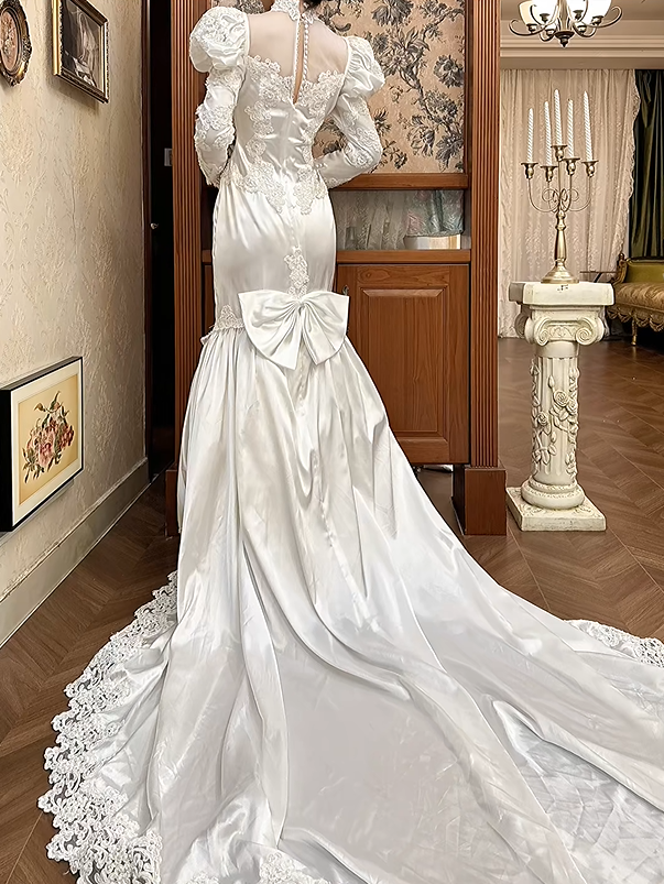 Vintage Wedding Dress High Collar Pleated Mermaid Wedding Dress  D3976