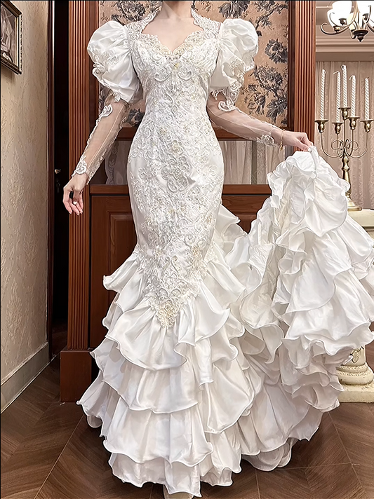 Retro Wedding Dress Sweetheart Pleated Tiered Mermaid Wedding Dress  D3981