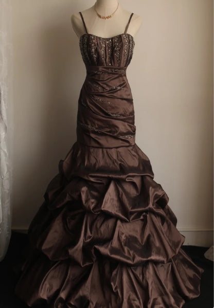 Elegant Prom Dress Spaghetti Straps Pleated Mermaid Evening Dress Gala Gown   D3982