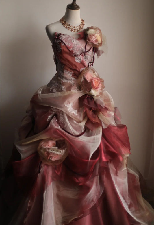 Pretty Prom Dress Strapless Pleated Flower Evening Dress Sweet 16 Dress Ball Gown    D3983