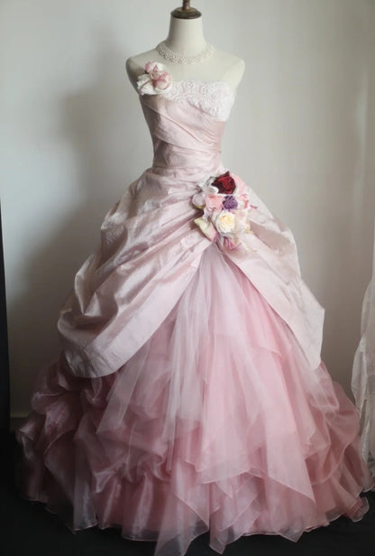 Sweet Prom Dress Light Pink Strapless Pleated Tulle Evening Dress Quinceanera Dress Ball Gown    D3984