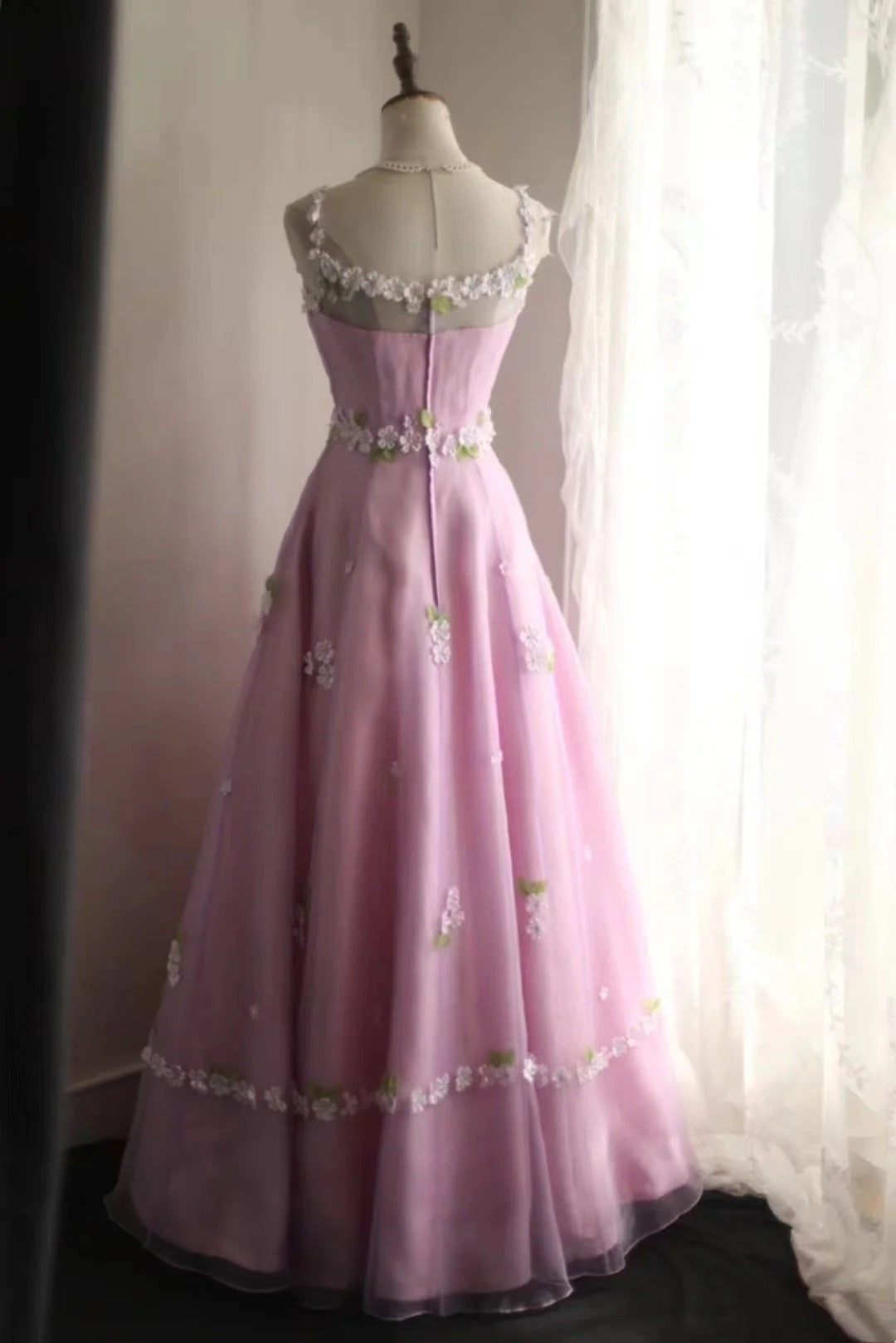 New Arrival Prom Dress Pink Spaghetti Straps Floral Evening Dress Birthday Party Dress Gala Dress  D3989