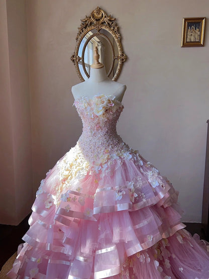 Sweet Prom Dress Strapless Pleated Tiered Evening Dress Quinceanera Dress Ball Gown    D4006