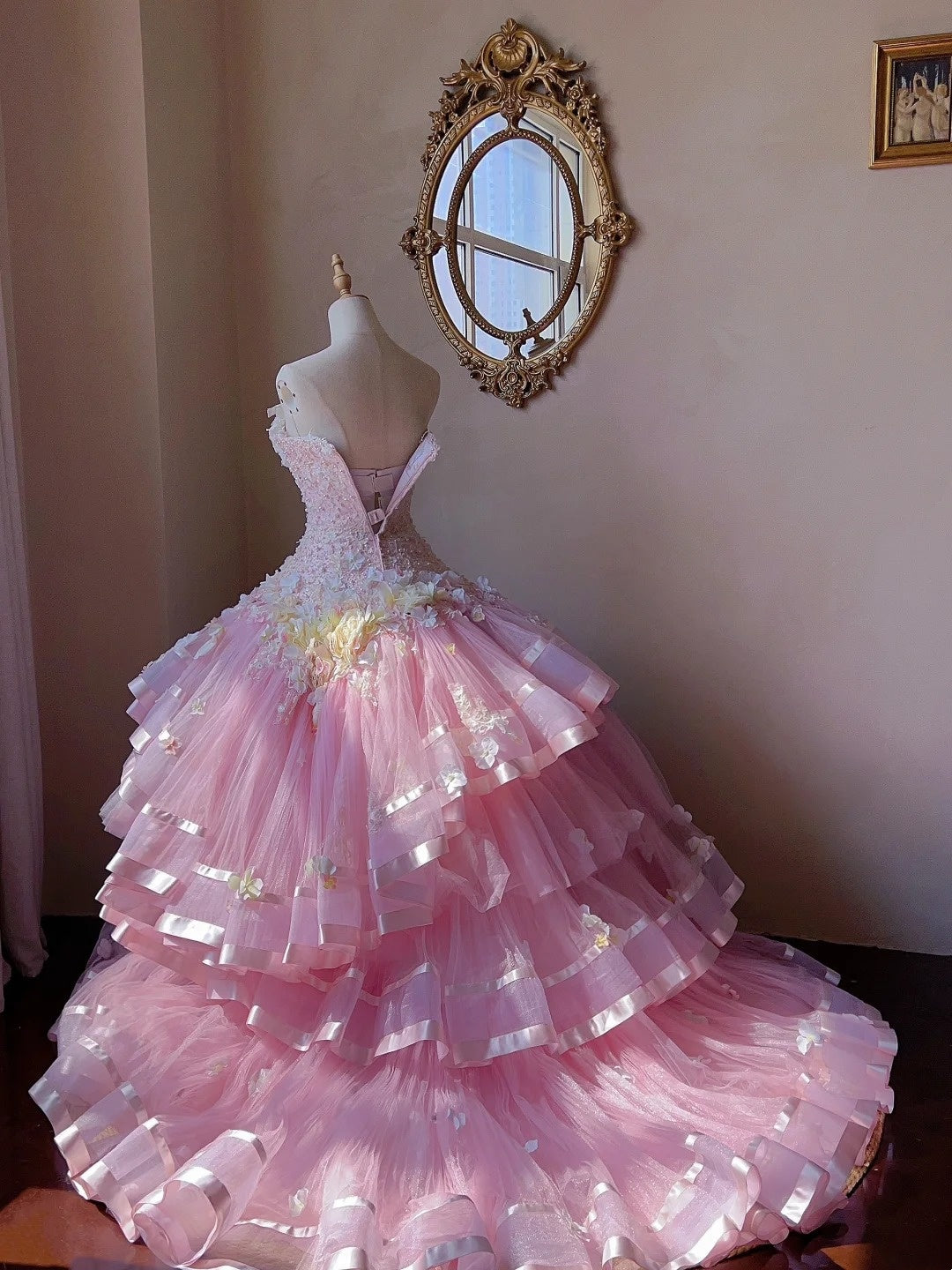 Sweet Prom Dress Strapless Pleated Tiered Evening Dress Quinceanera Dress Ball Gown    D4006