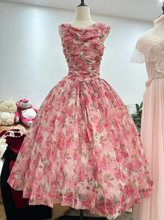 Elegant Prom Dress Crew Neck Pleated Print Evening Dress Quinceanera Dress Ball Gown    D4007