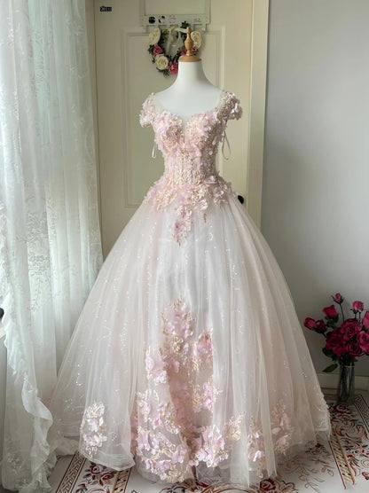 Cute Prom Dress Crew Neck Backless Pleated Floral Evening Dress Quinceanera Dress Ball Gown    D4009