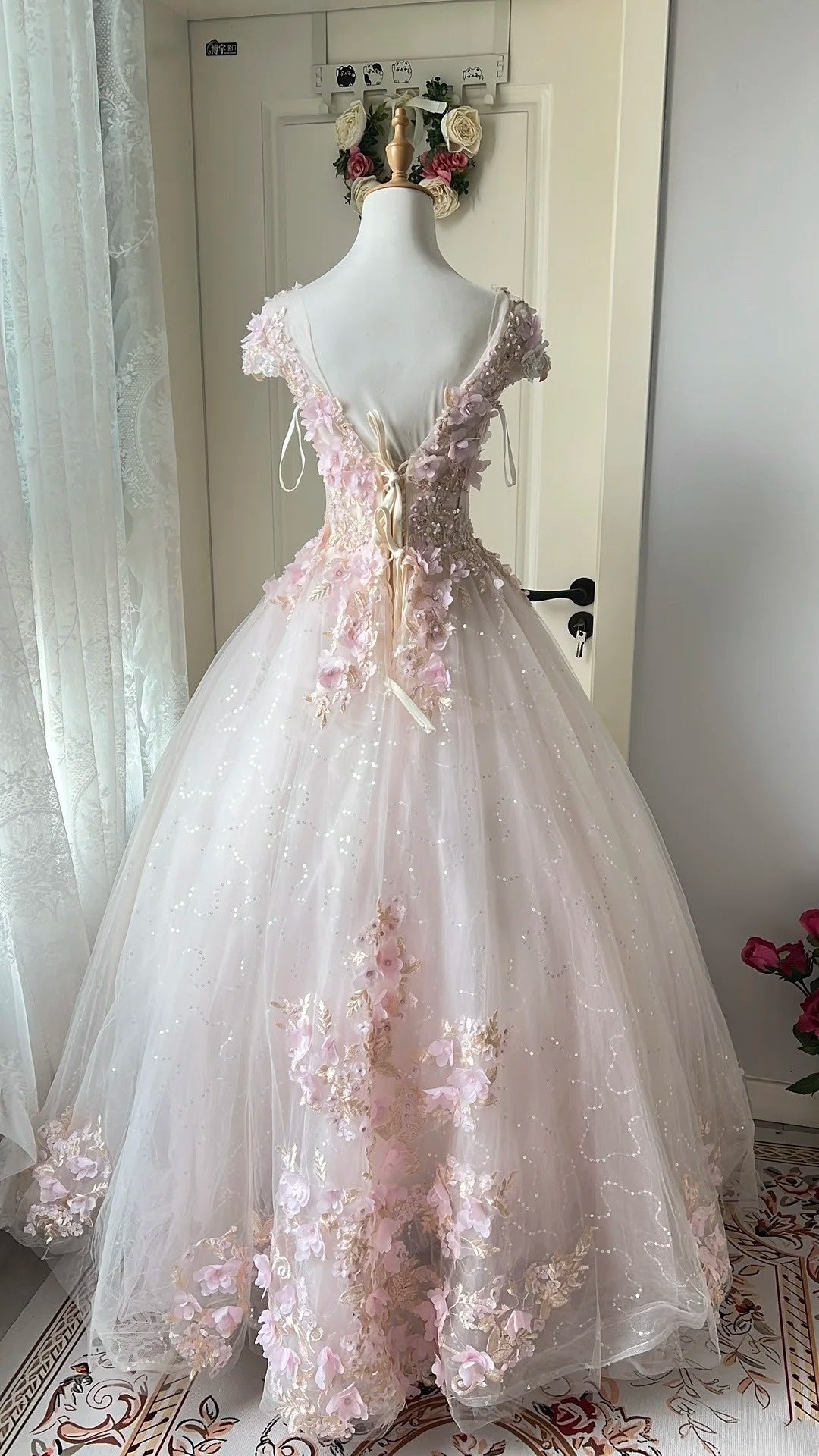 Cute Prom Dress Crew Neck Backless Pleated Floral Evening Dress Quinceanera Dress Ball Gown    D4009