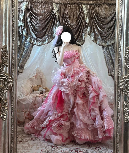 Sweet Prom Dress Strapless Pleated Tiered Evening Dress Quinceanera Dress Ball Gown    D4014