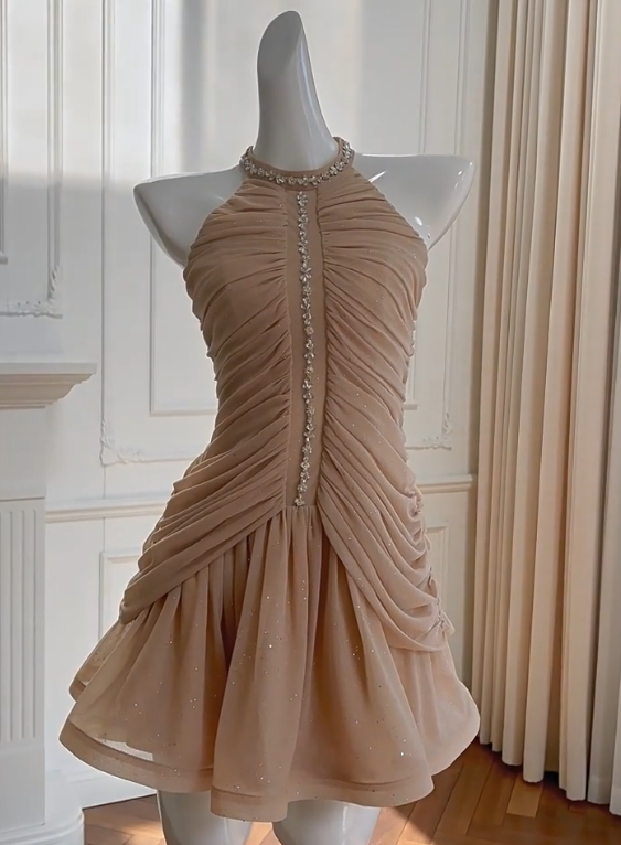 Elegant Homecoming Dress Crew Neck Pleated Short Prom Dress Cocktail Dress Birthday Party Dress   D4036