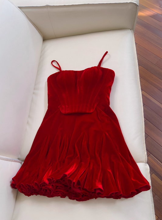 Beauty Homecoming Dress Red Spaghetti Straps Pleated Short Prom Dress Cocktail Dress Birthday Party Dress   D4037