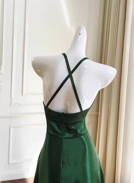 Elegant Prom Dress Dark Green Spaghetti Straps Backless Pleated Evening Dress Cocktail Dress Birthday Party Dress     D4038