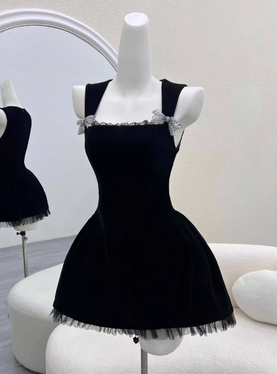 Minimalist Homecoming Dress Black A Line Straps Short Prom Dress Cocktail Dress Birthday Party Dress  D4047