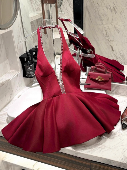 Beauty Homecoming Dress Wine Red Halter Short Prom Dress Cocktail Dress Birthday Party Outfits D4048