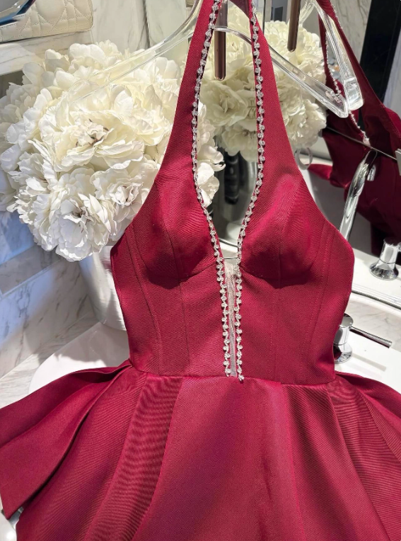 Beauty Homecoming Dress Wine Red Halter Short Prom Dress Cocktail Dress Birthday Party Outfits  D4048
