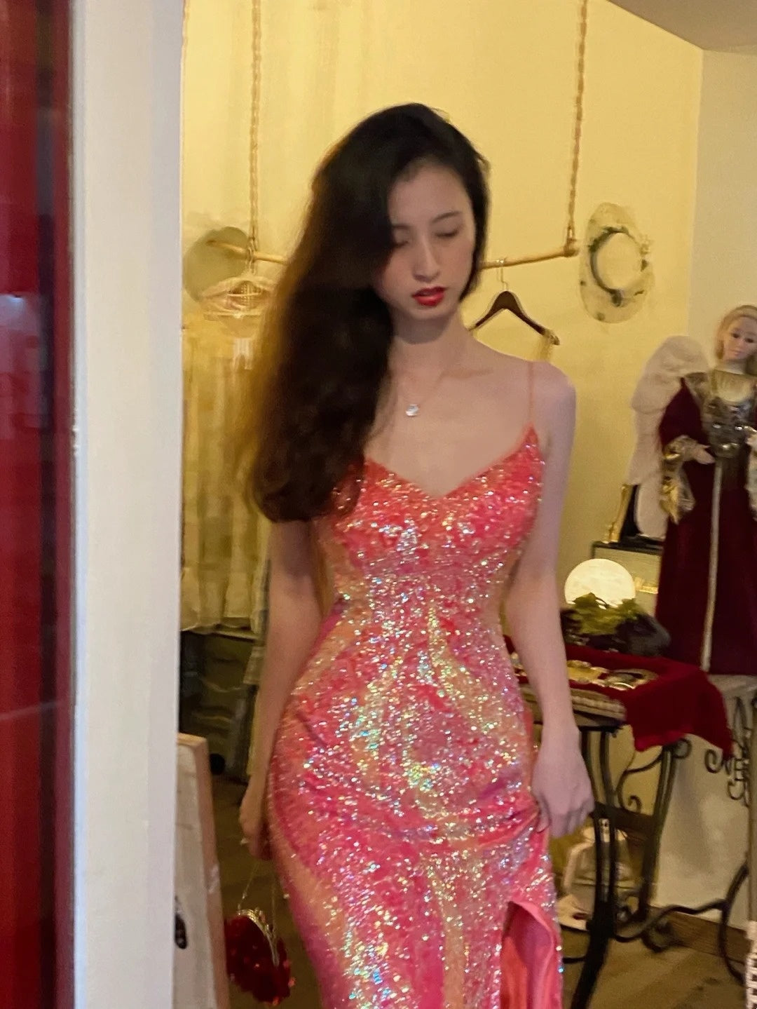 Robe de bal brillante à paillettes et col en cœur, robe de soirée sirène, robe de gala, robe de fête d'anniversaire, D3415