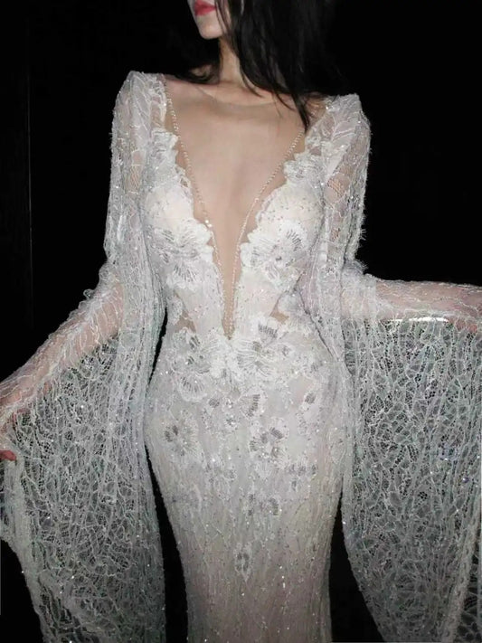 New Arrival Wedding Dress Crew Neck Backless Mermaid Wedding Dress   D4080