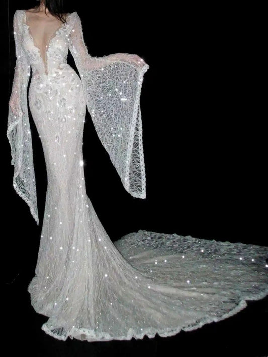 New Arrival Wedding Dress Crew Neck Backless Mermaid Wedding Dress   D4080