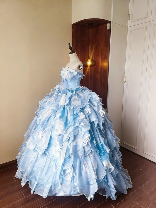 Pretty Prom Dress Strapless Ruffle Tiered Ball Gown Evening Dress Sweet 16 Dress Birthday Party Outfits   D4083