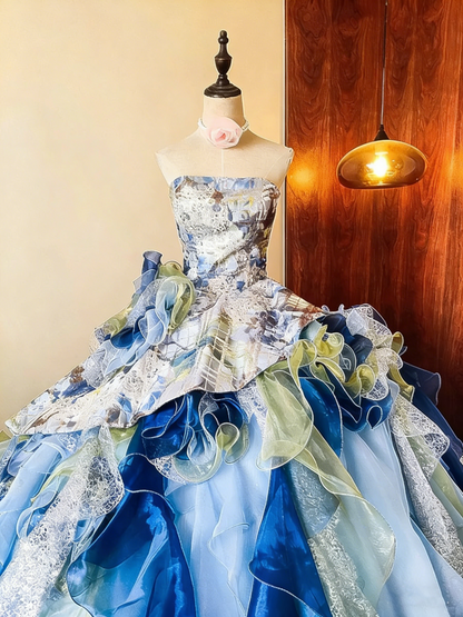 Beauty Prom Dress Strapless Ruffle Ball Gown Evening Dress Quinceanera Dress Birthday Party Outfits   D4086